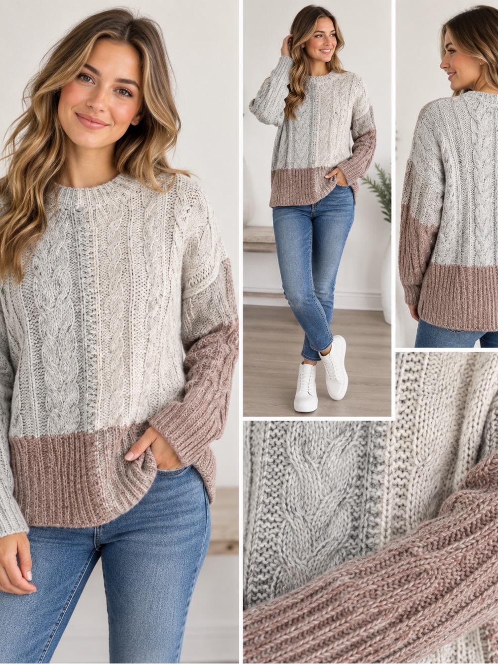 Mystree Cable Knit Crew Sweater Gray Cream Dusty pink with parts shimmery Sz S